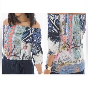 Chico's Floral Botanical Scarf Inspired Off The Shoulder Top XL 3/4 Sleeve Sz 2